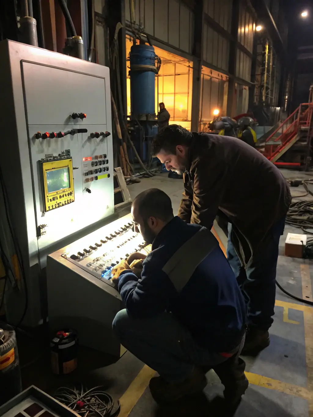 A team of engineers reviewing project plans on a large digital screen in an industrial setting, emphasizing project optimization.