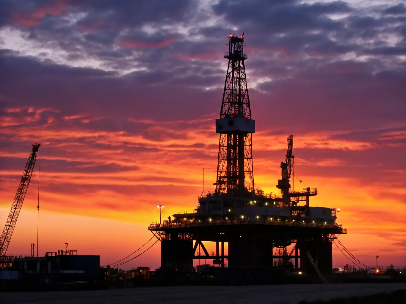 An aerial view of an offshore oil platform at sunset, symbolizing dbfmo-europe's specialized consulting services in the oil, gas, and energy sectors.