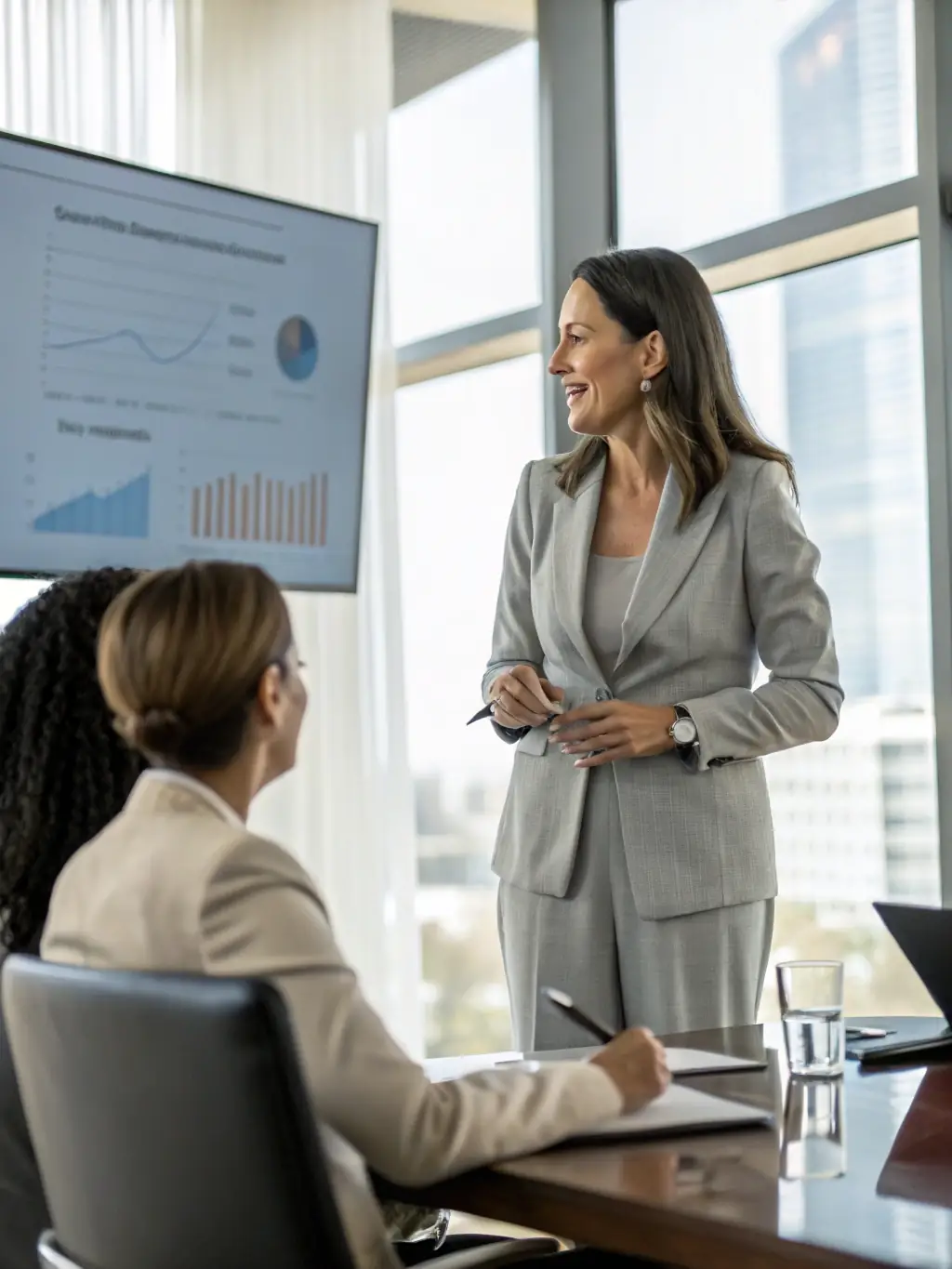 A consultant presenting data-driven insights to a client, highlighting the value of informed decision-making and results-oriented strategies.
