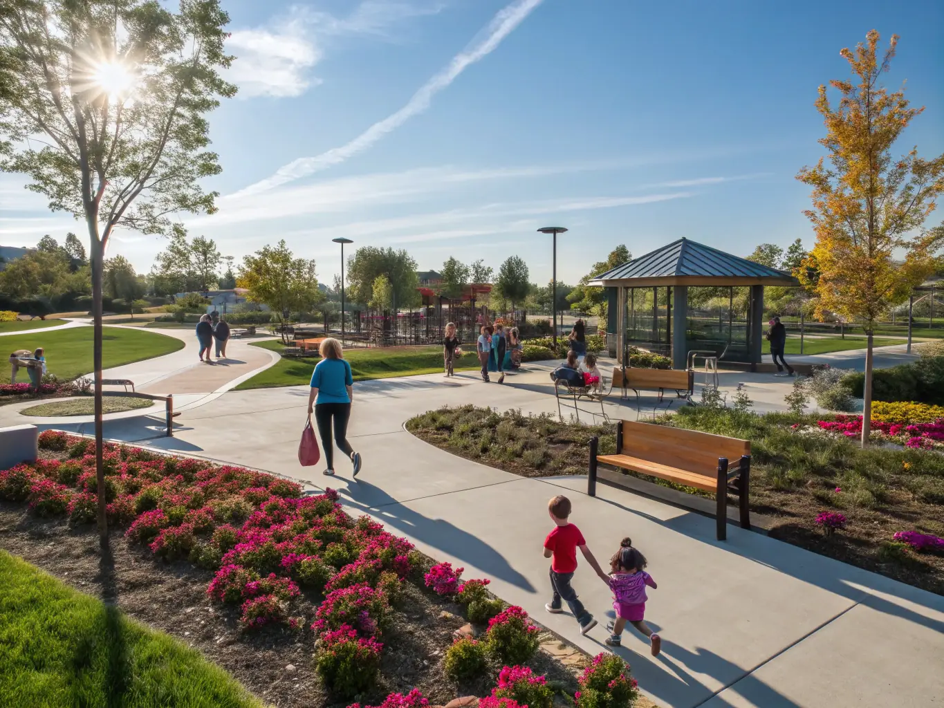 A vibrant, modern urban park with families enjoying recreational activities, showcasing dbfmo-europe's expertise in public space development and community engagement.