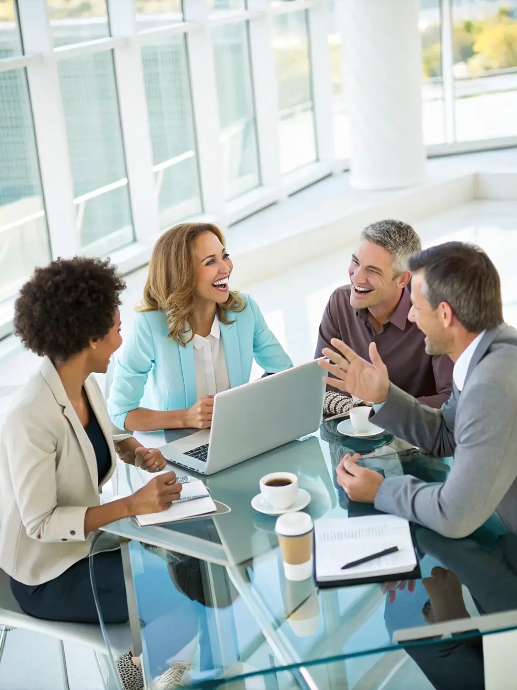 A diverse group of consultants brainstorming in a modern office, symbolizing innovative solutions and strategic thinking.