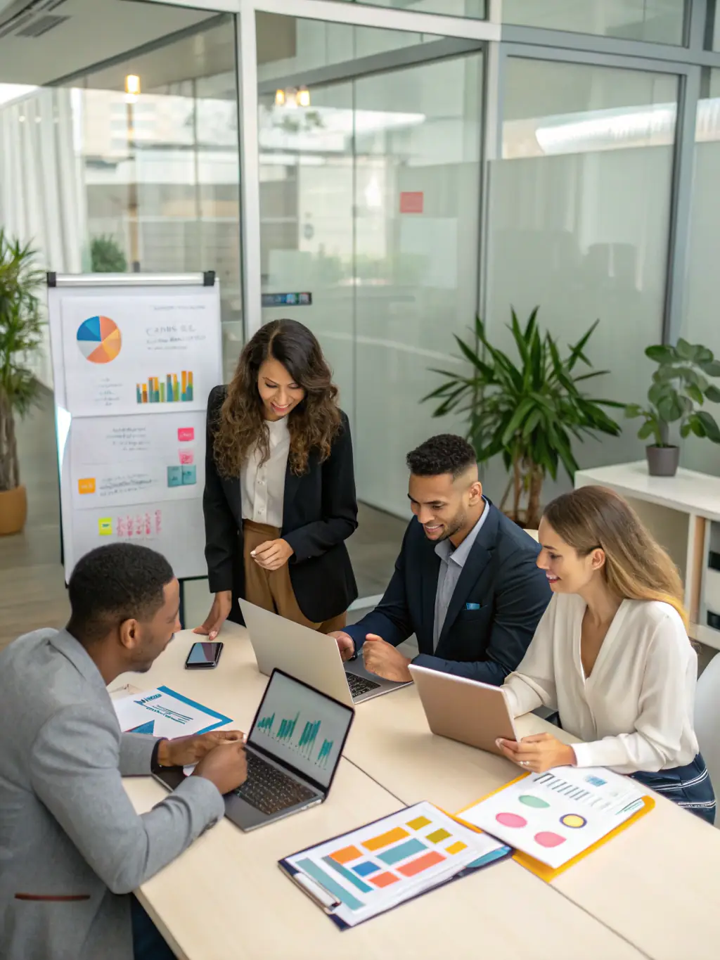 A diverse team of consultants collaborating in a modern office, representing dbfmo-europe's collaborative and expert approach.